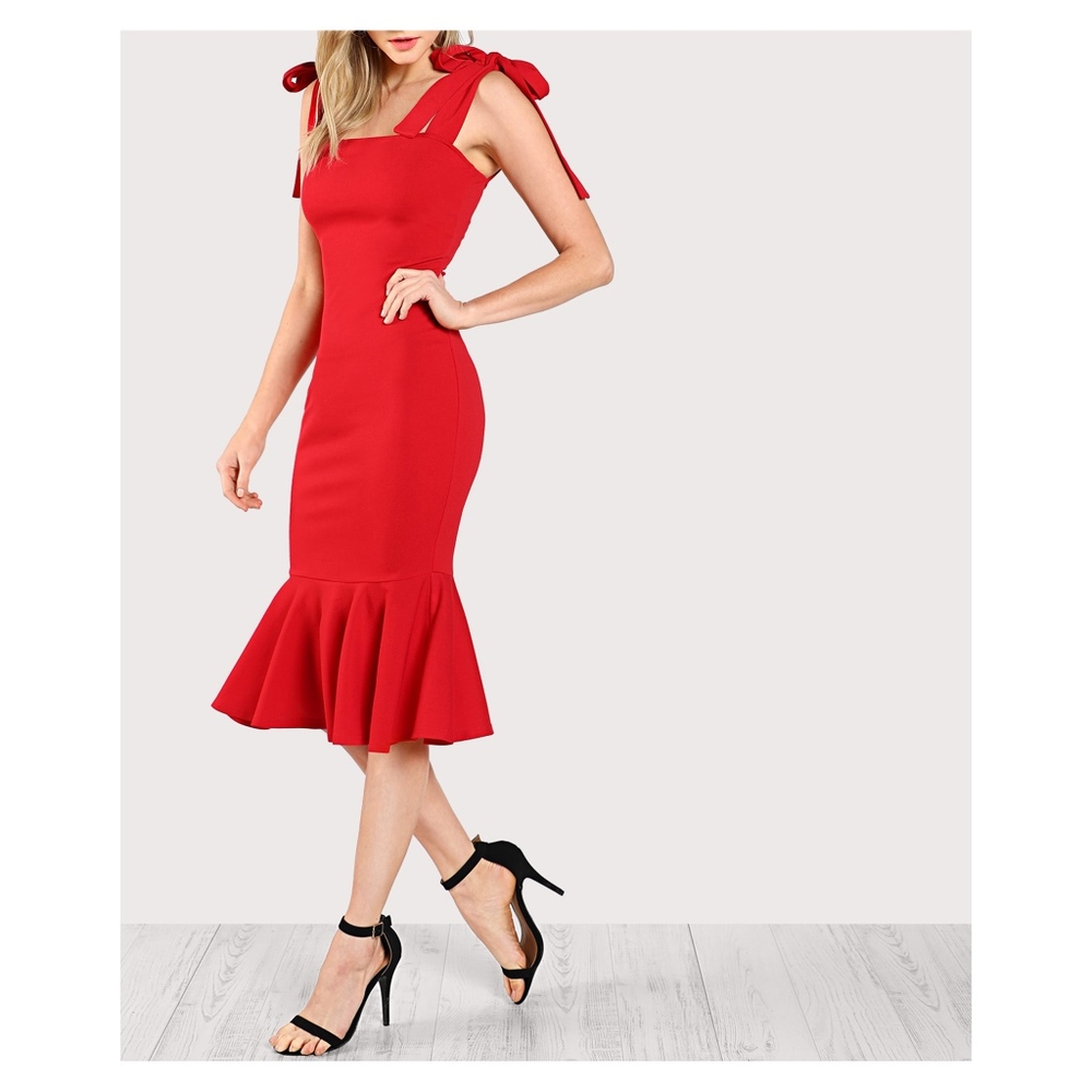 Red Bodycon Fishtail Midi Dress